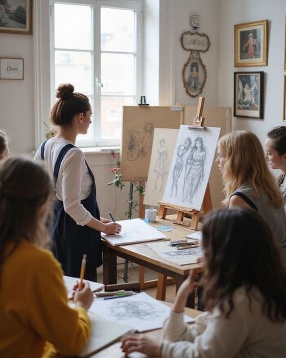 Clase de dibujo de figura, con la modelo y los caballetes