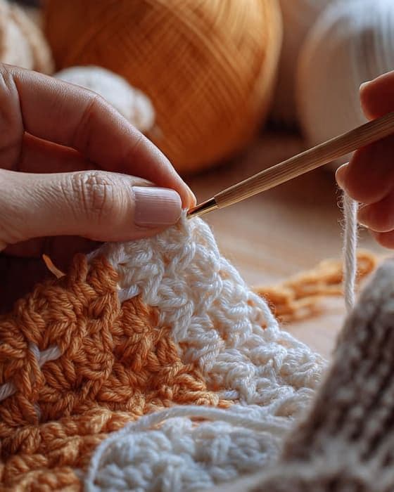Manos haciendo crochet con ovillos naranjas y blancos